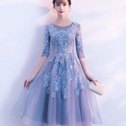 Blue Round Neck Tulle Lace Short Prom Dress,blue..