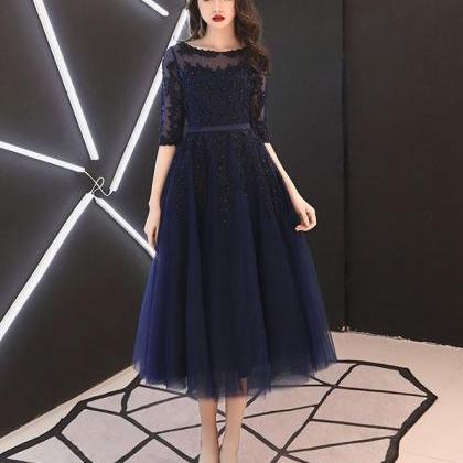 Blue Round Neck Tulle Lace Prom Dress,blue..