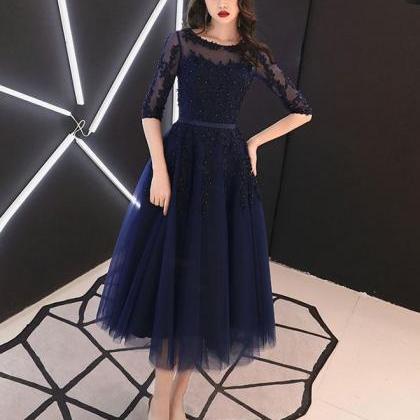 Blue Round Neck Tulle Lace Prom Dress,blue..