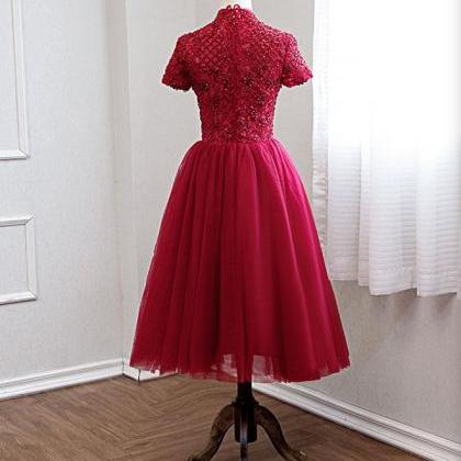 Burgundy Lace Tulle Prom Dress,burgundy Bridesmaid..