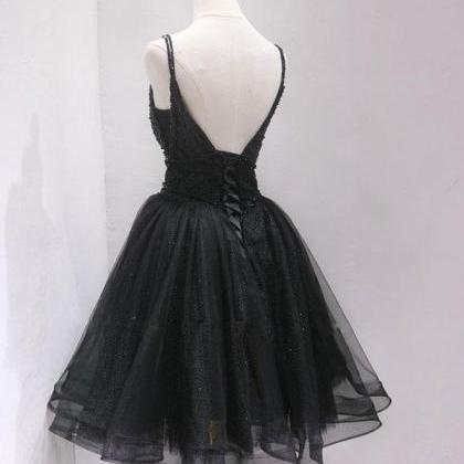 Black Tulle Beads Short Prom Dress,black..