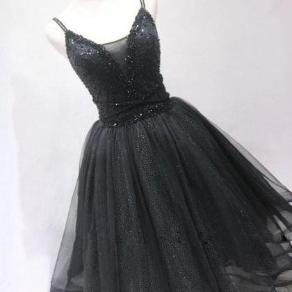 Black Tulle Beads Short Prom Dress,black..
