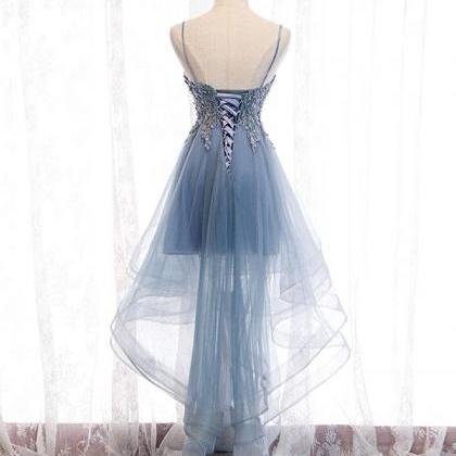 Blue Sweetheart Tulle Lace High Low Prom..