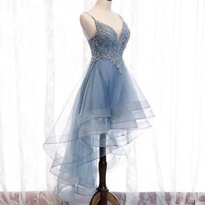 Blue Sweetheart Tulle Lace High Low Prom..