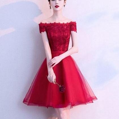 Cute Burgundy Tulle Lace Short Prom Dress,burgundy..