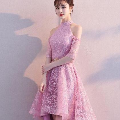 Pink High Neck Lace Short Prom Dress,pink..