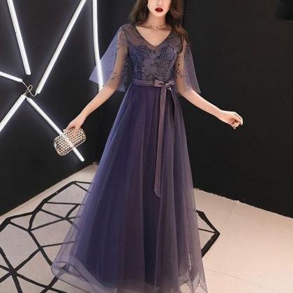 Elegant A-line Tulle Lace Prom Dress Purple Tulle..