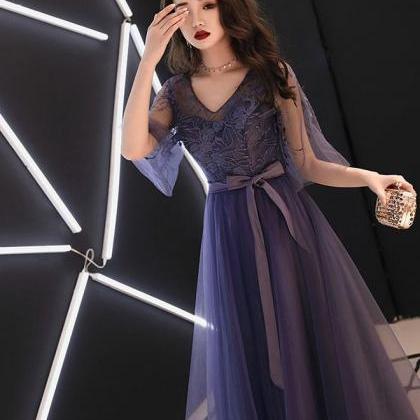 Elegant A-line Tulle Lace Prom Dress Purple Tulle..