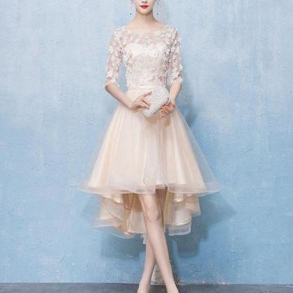 Light Champagne Tulle Lace High Low Prom Dress..
