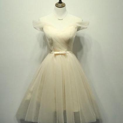 Simple V Neck Tulle Off Shoulder Short Prom Dress..