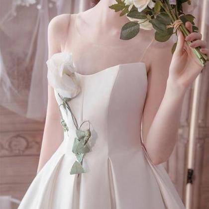 Simple Round Neck Tea Length Prom Dress White..