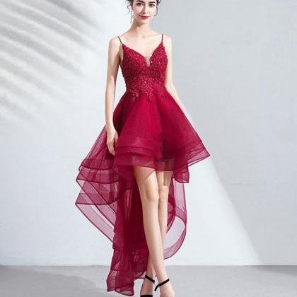 Burgundy Tulle Lace High Low Prom Dress Lace..