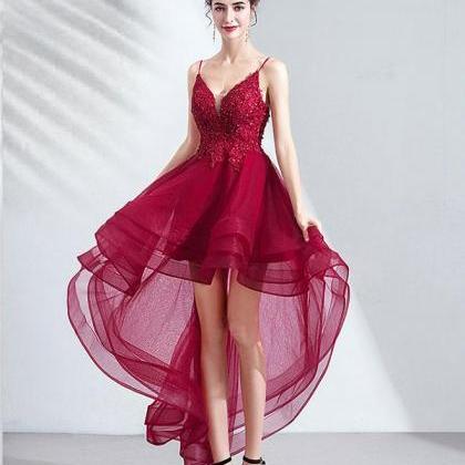 Burgundy Tulle Lace High Low Prom Dress Lace..