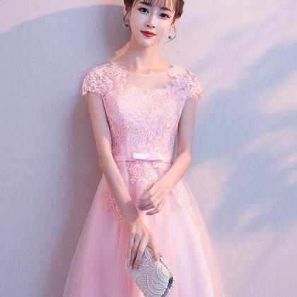 Pink Round Neck Tulle Lace Short Prom Dress Pink..