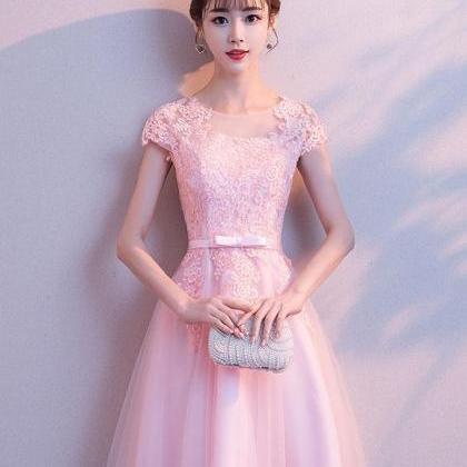 Pink Round Neck Tulle Lace Short Prom Dress Pink..