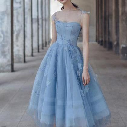 Blue tulle short prom dress blue br..