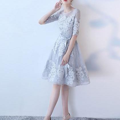 Gray round neck tulle lace short pr..