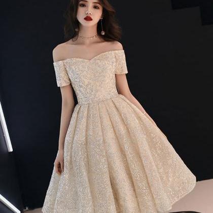 Champagne Sweetheart Tulle Sequin Short Prom Dress