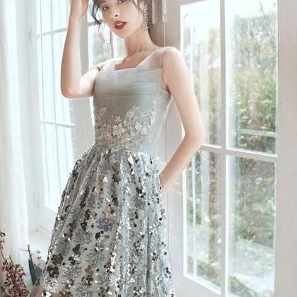 Gray Tulle Lace Sequin Short Prom Dress Gray..