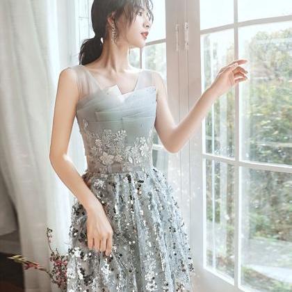 Gray Tulle Lace Sequin Short Prom Dress Gray..