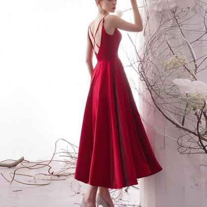 Simple Red Satin Tea Length Prom Dress Red Formal..