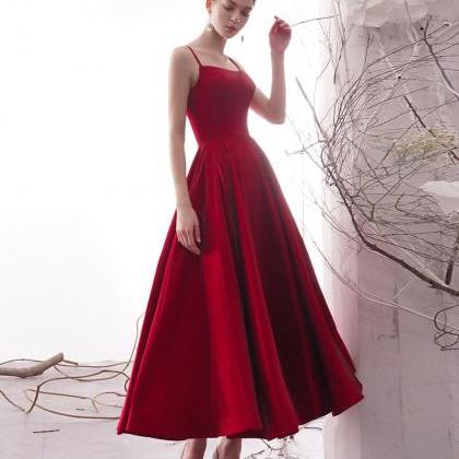Simple Red Satin Tea Length Prom Dress Red Formal..