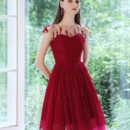 Burgundy Round Neck Tulle Lace Short Prom Dress..