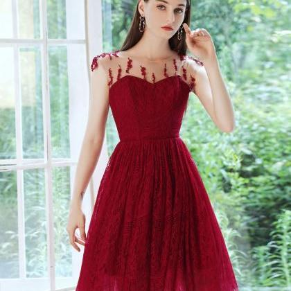Burgundy Round Neck Tulle Lace Short Prom Dress..