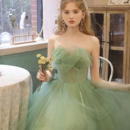Green tulle lace tea length prom dr..