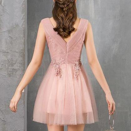 Pink V Neck Tulle Lace Short Prom Dress Pink..