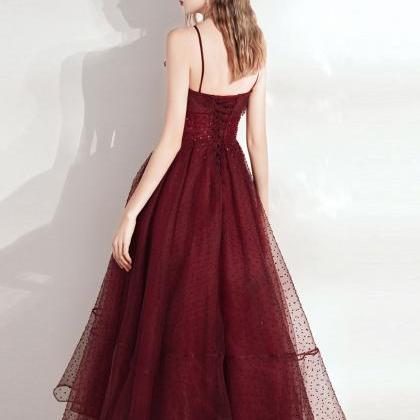 Burgundy Sweetheart Tulle Lace Tea Length Prom..