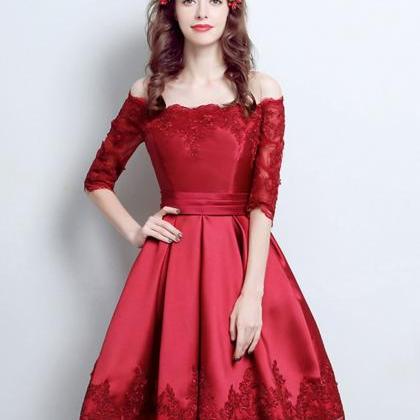 Burgundy Lace Satin Short Prom Dress,burgundy..