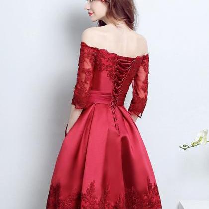 Burgundy Lace Satin Short Prom Dress,burgundy..