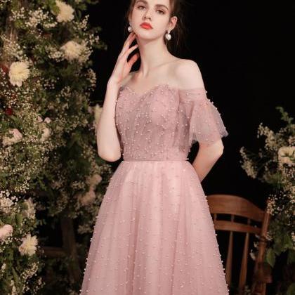 Pink sweetheart tulle beads tea length prom dress pink formal dress main image 0