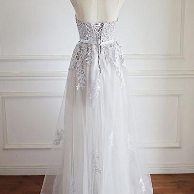 Light Grey Tulle Prom Dresses, Lace And Tulle..