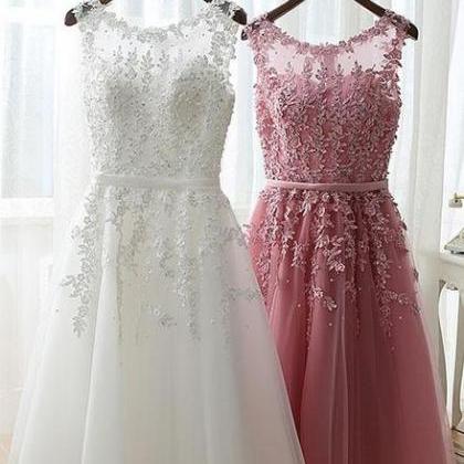 Pink Lace Applique Short Prom Dress..