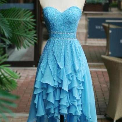 Blue High Low Beaded Lovely Homecoming Dresses,..
