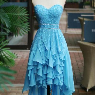 Blue High Low Beaded Lovely Homecoming Dresses,..
