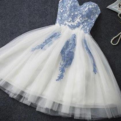 Short White Tulle With Blue Applique Junior Prom..