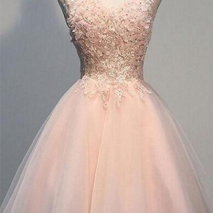 Lovely Tulle V-neckline Pink Party Dresses, Pink..
