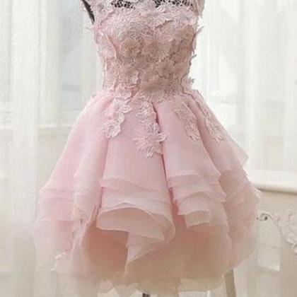 Pink Lace And Chiffon Short Layered Party Dresses,..