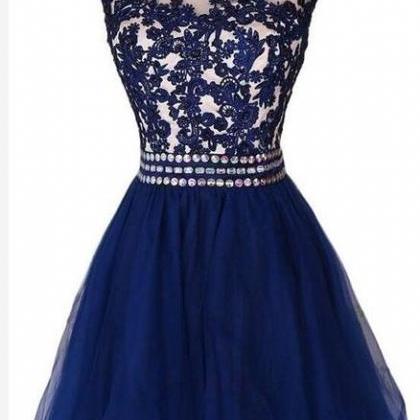 Navy Blue Homecoming Dresses, Applique Detail With..