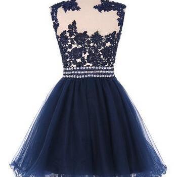 Navy Blue Homecoming Dresses, Applique Detail With..