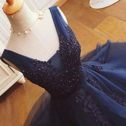 Navy Blue Homecoming Dresses, Applique Short Prom..