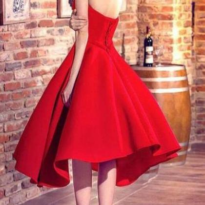 Lovely Satin Red Sweetheart High Low Dress, Pretty..