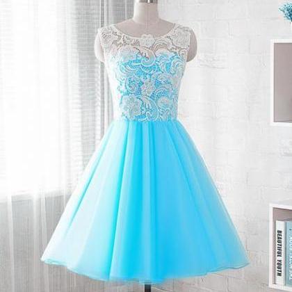 Blue Short Lace Party Dresses, Teen Formal..