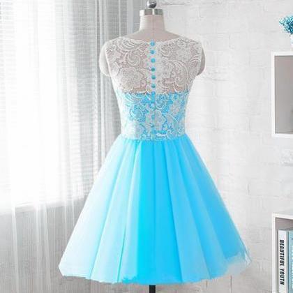 Blue Short Lace Party Dresses, Teen Formal..