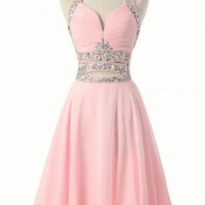 Pink Beaded Short Chiffon Style Formal Dress ,..