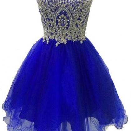 Royal Blue Tulle With Gold Applique, Short Prom..