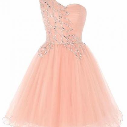 Pink Cute Short Party Dress, ?one Shoulder Short..
